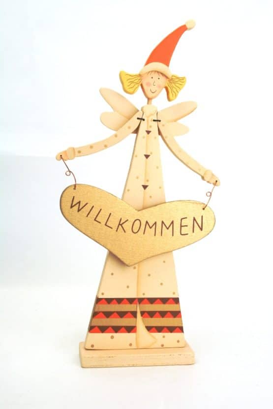 Tilda-Stil Figur Engel aus Holz mit Willkommen-Schild, 27 cm - holzfiguren, everyday-holzfiguren